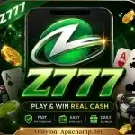 Z777 Game promotional icon featuring green Z logo, cards, casino chips, real cash rewards banner, and download source Apkchamp.net.
